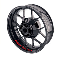 Ducati Monster 600 wheel rim sticker set with bike model-specific decals, shown on motorcycle inner rims for customization.
