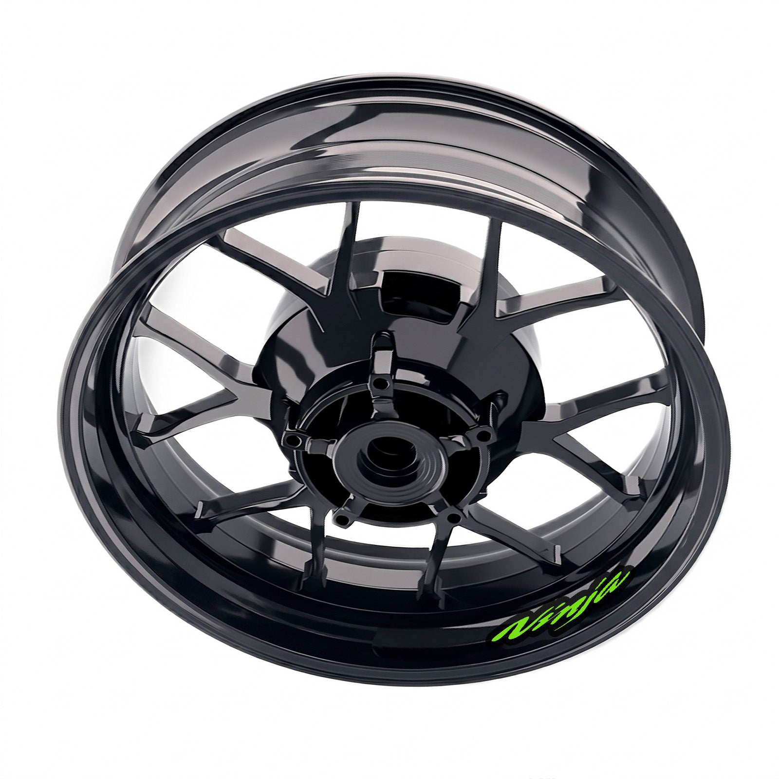 Kawasaki Ninja ZX-14R inner rim sticker set by StickerBao, bike model-specific wheel decals on a motorcycle wheel.