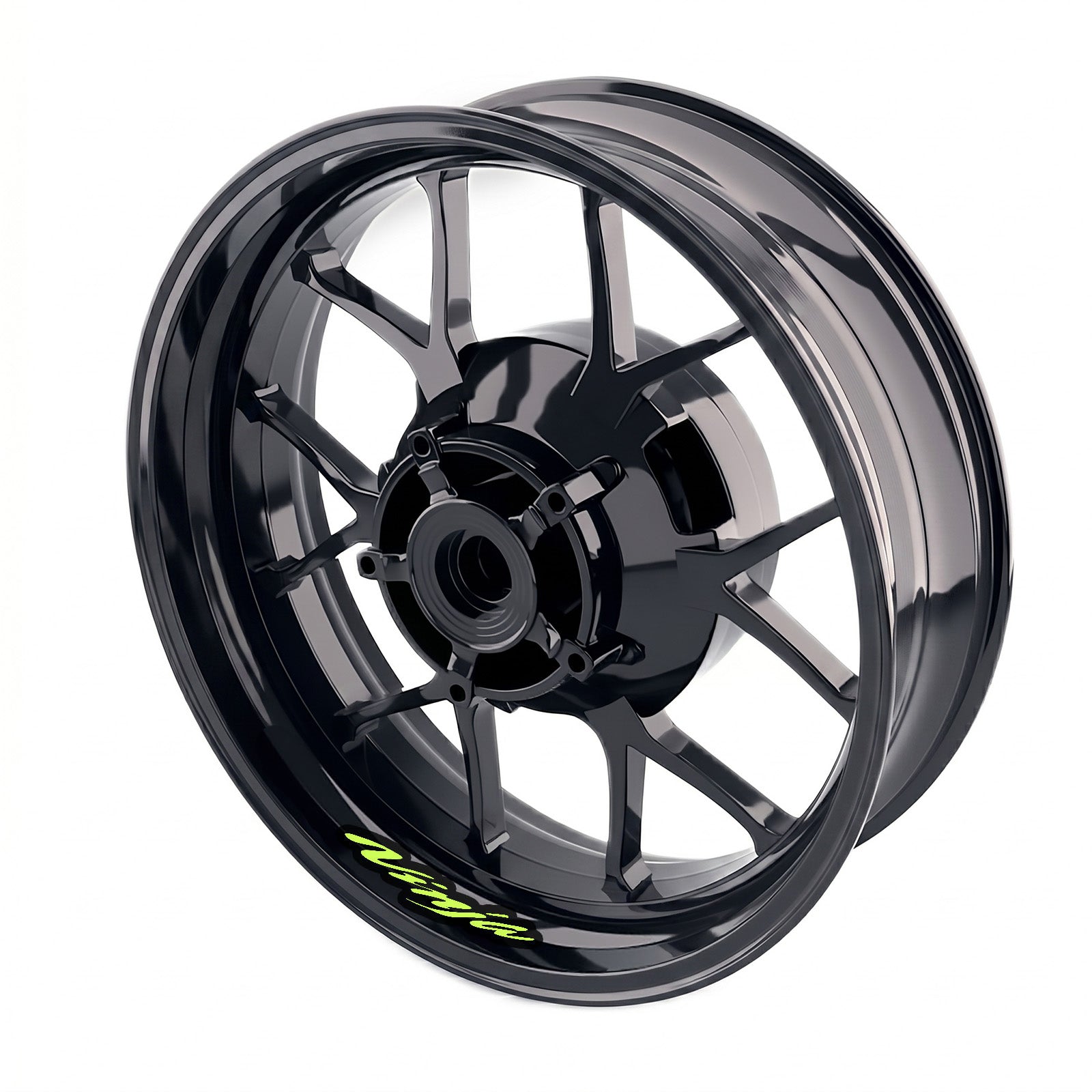 Kawasaki Ninja ZX-10R wheel stickers and rim decals set by StickerBao, featuring model-specific inner rim decal design on a motorcycle wheel.
