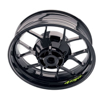 Kawasaki Ninja ZX-14R inner rim sticker set by StickerBao, featuring wheel decals on black motorcycle wheels.