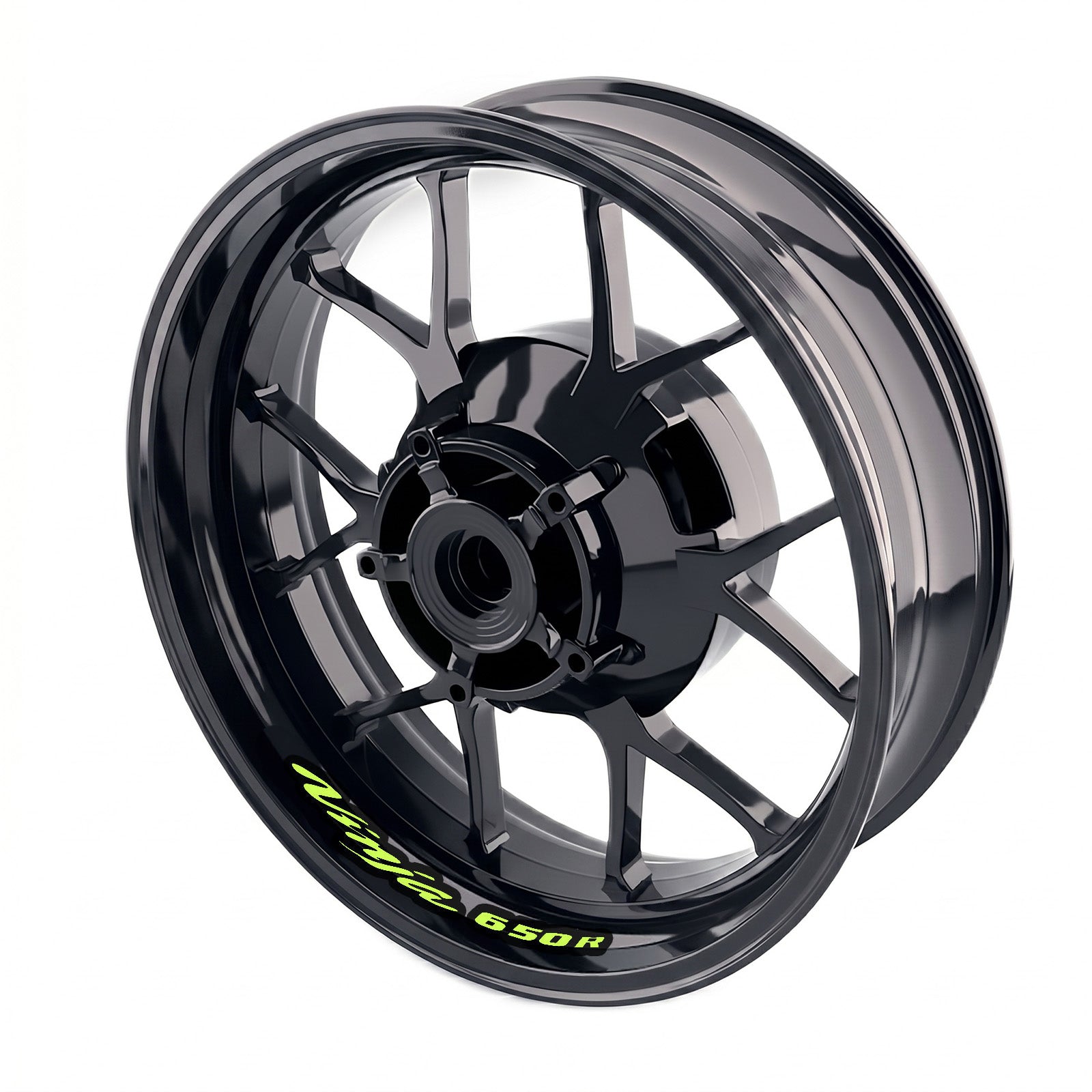 Kawasaki Ninja 650R wheel stickers and rim decals, bike-specific inner rim decal set by StickerBao on a motorcycle wheel.