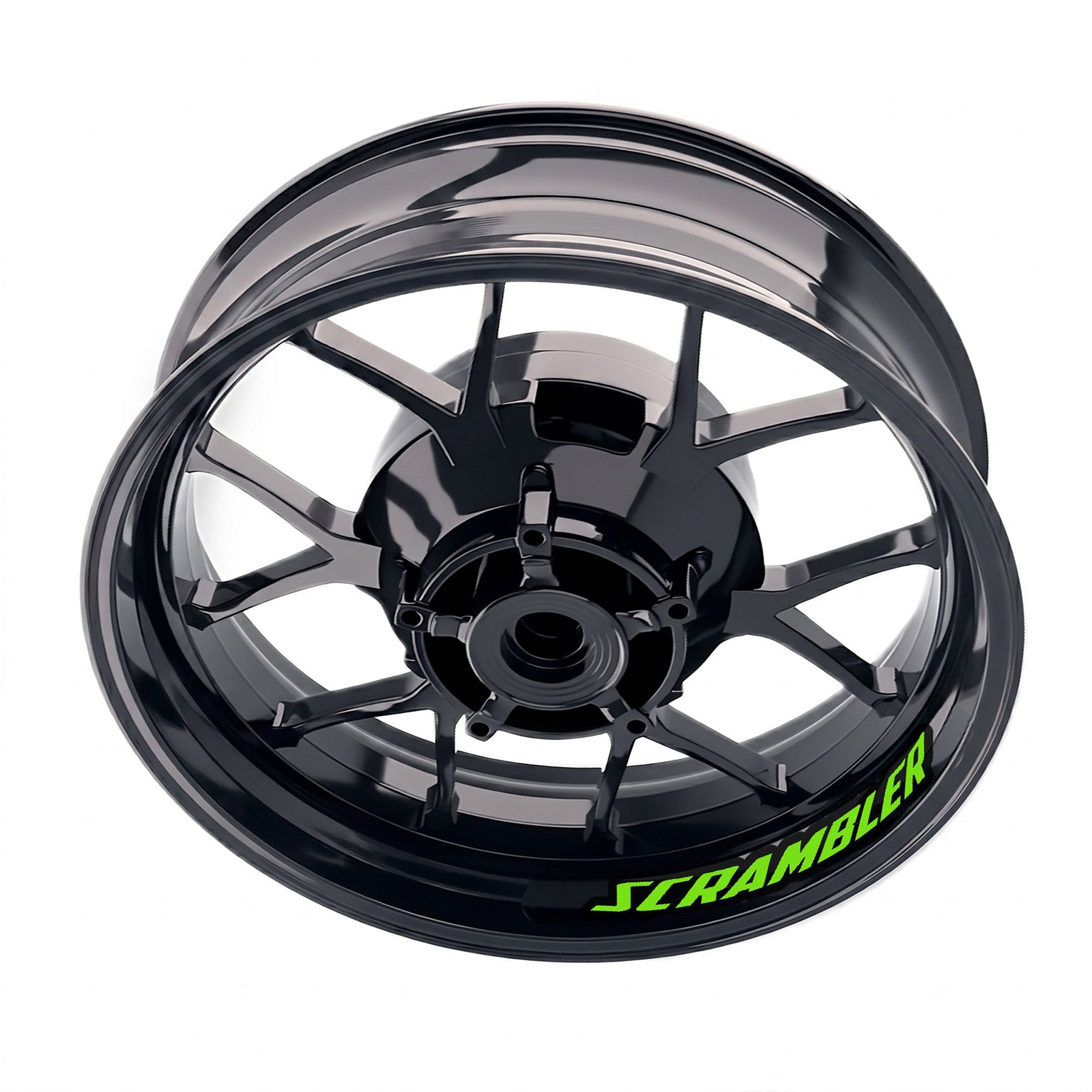 Ducati Scrambler Cafe Racer inner rim sticker set by StickerBao, bike-specific wheel decals on a motorcycle wheel.