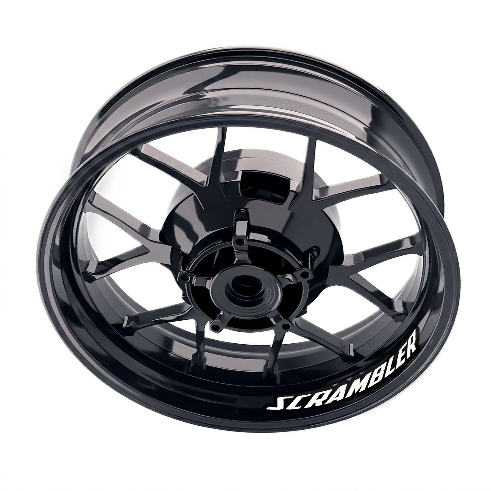 Ducati Scrambler Cafe Racer bike inner rim sticker set with wheel decals, featuring white and black designs on alloy rims.