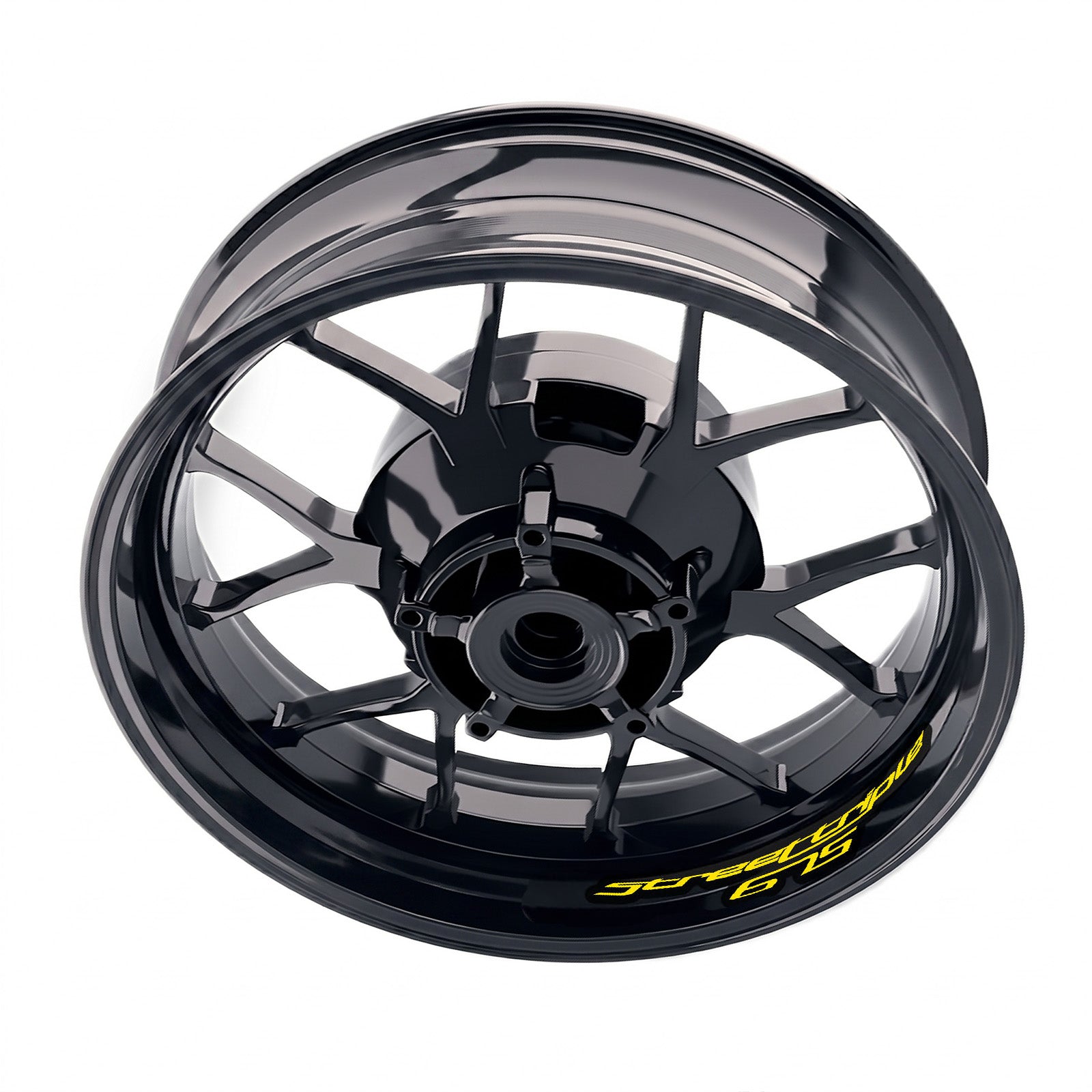 Triumph Street Triple 675 wheel decals by StickerBao, close-up of blue and yellow inner rim sticker set on motorcycle wheel.