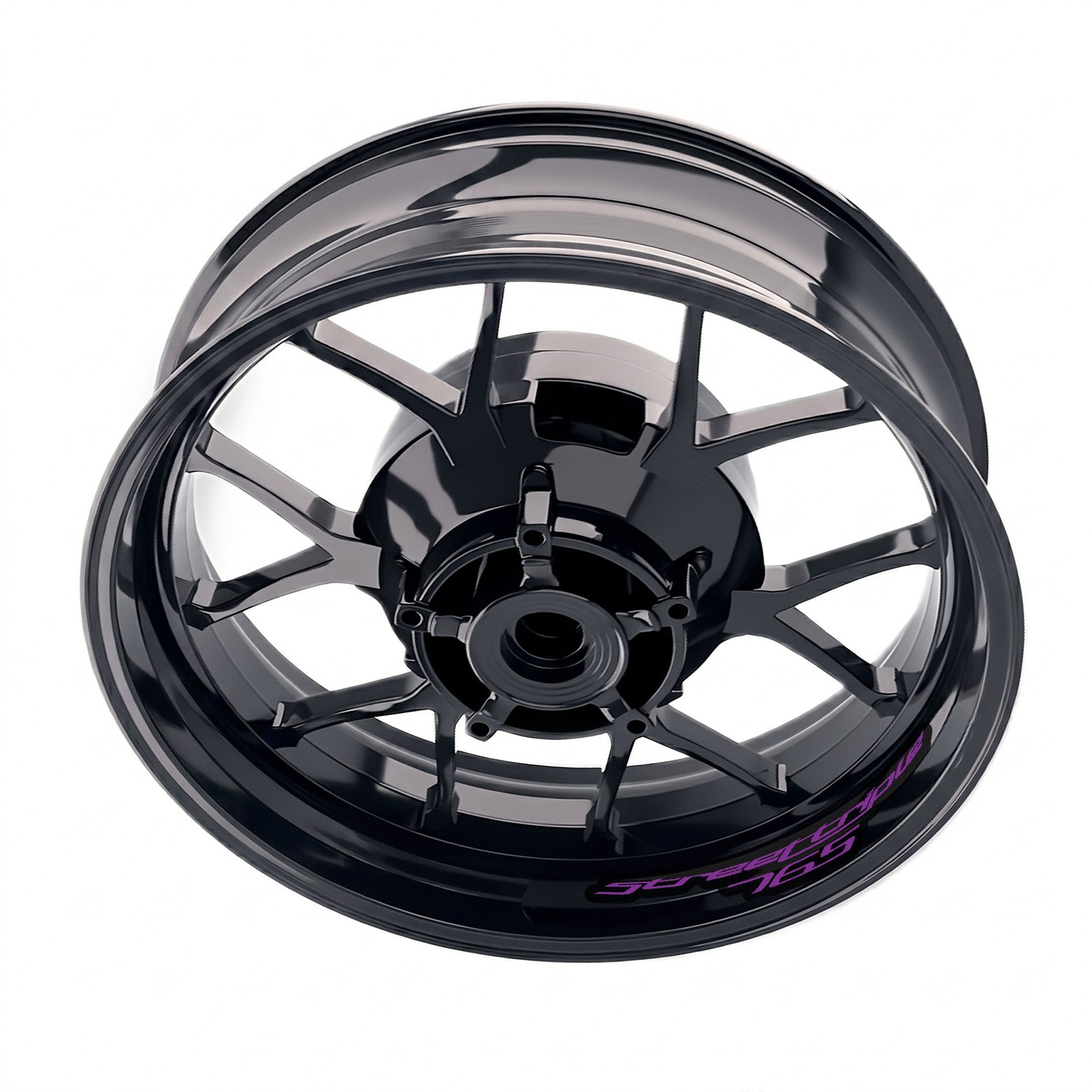 Triumph Street Triple 765 R/RS inner rim sticker set by StickerBao on bike wheel with model-specific decals.