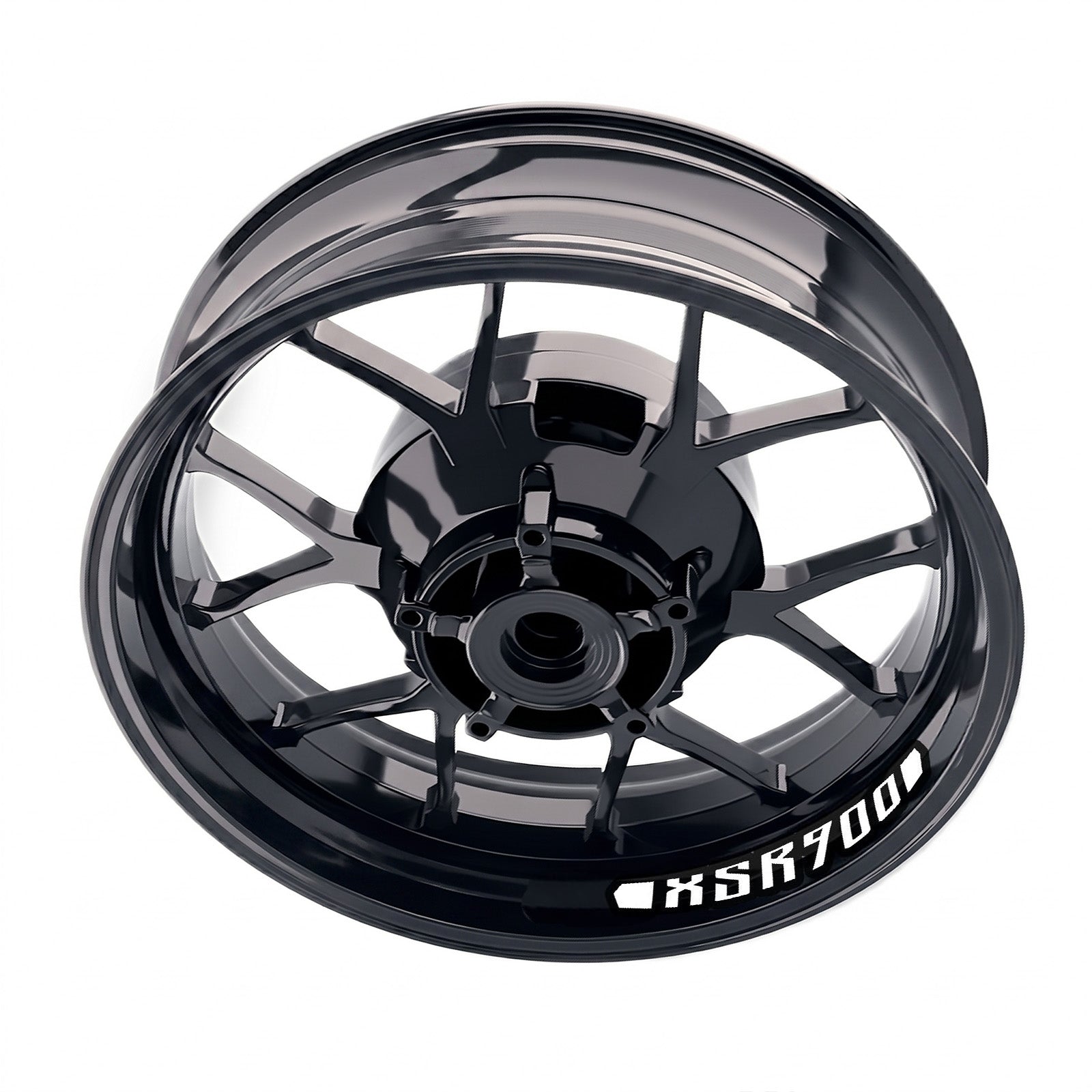 Yamaha XSR 900 inner rim sticker set with bike-specific wheel decals by StickerBao on a motorcycle wheel.