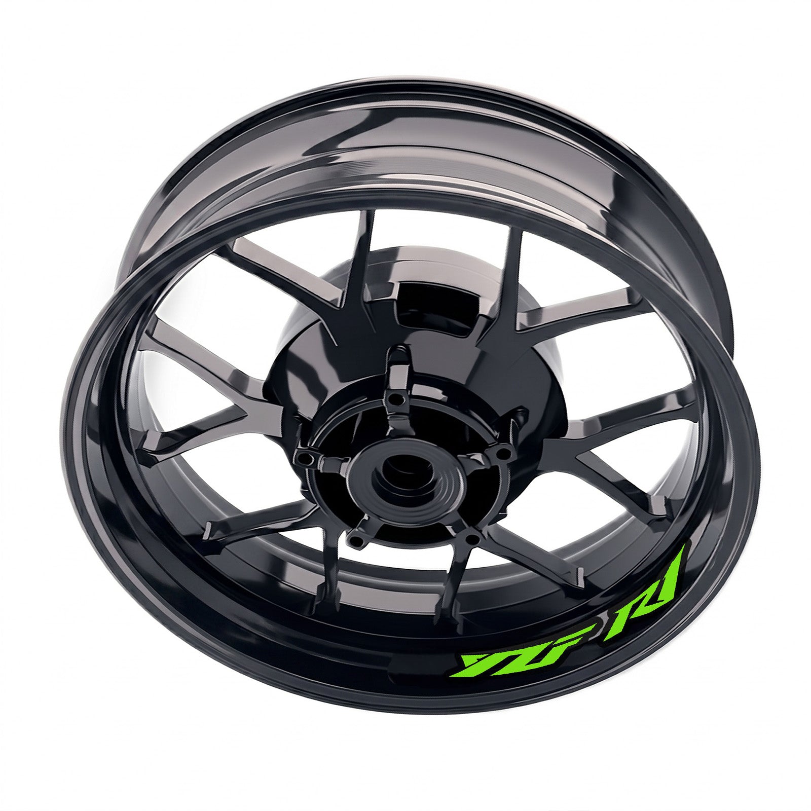 Yamaha YZF R1 inner rim sticker set by StickerBao, featuring custom wheel decals for motorcycle rims with black and green design.