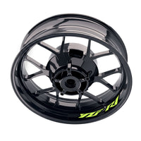 Yamaha YZF R1 inner rim sticker set with custom wheel decals by StickerBao, featuring bold graphics on black rims.