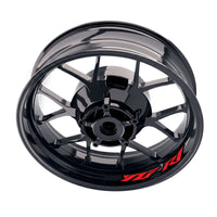 Yamaha YZF R1 inner rim sticker set by StickerBao, featuring bike-specific wheel decals on a motorcycle rim.