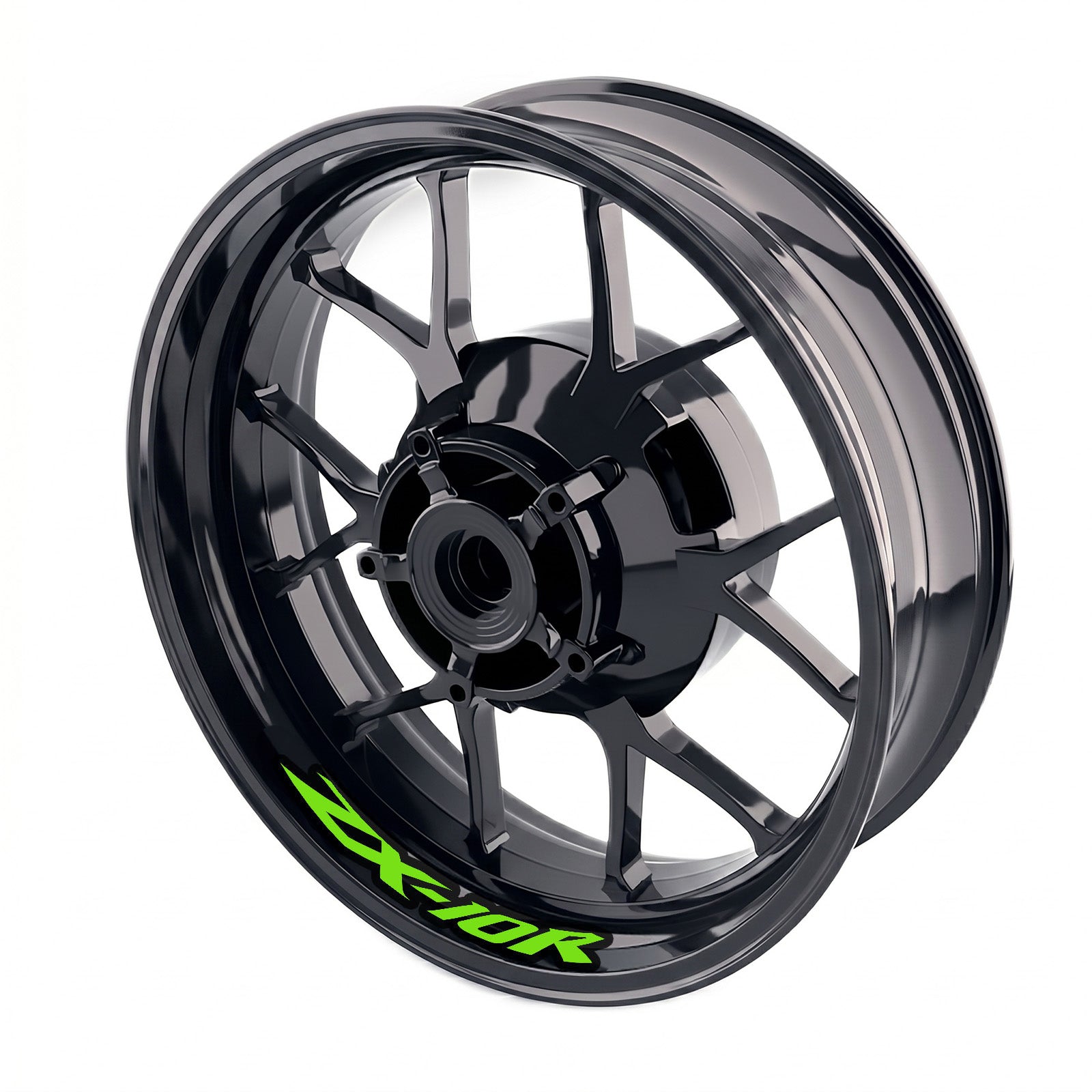 Kawasaki ZX10R Ninja wheel rim sticker set from StickerBao, featuring bike-specific decals on silver alloy rims.