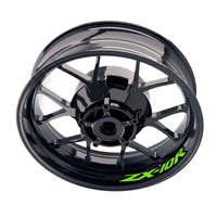 Kawasaki ZX10R Ninja ZX1000 inner rim sticker set with green and black wheel decals on motorcycle rims by StickerBao