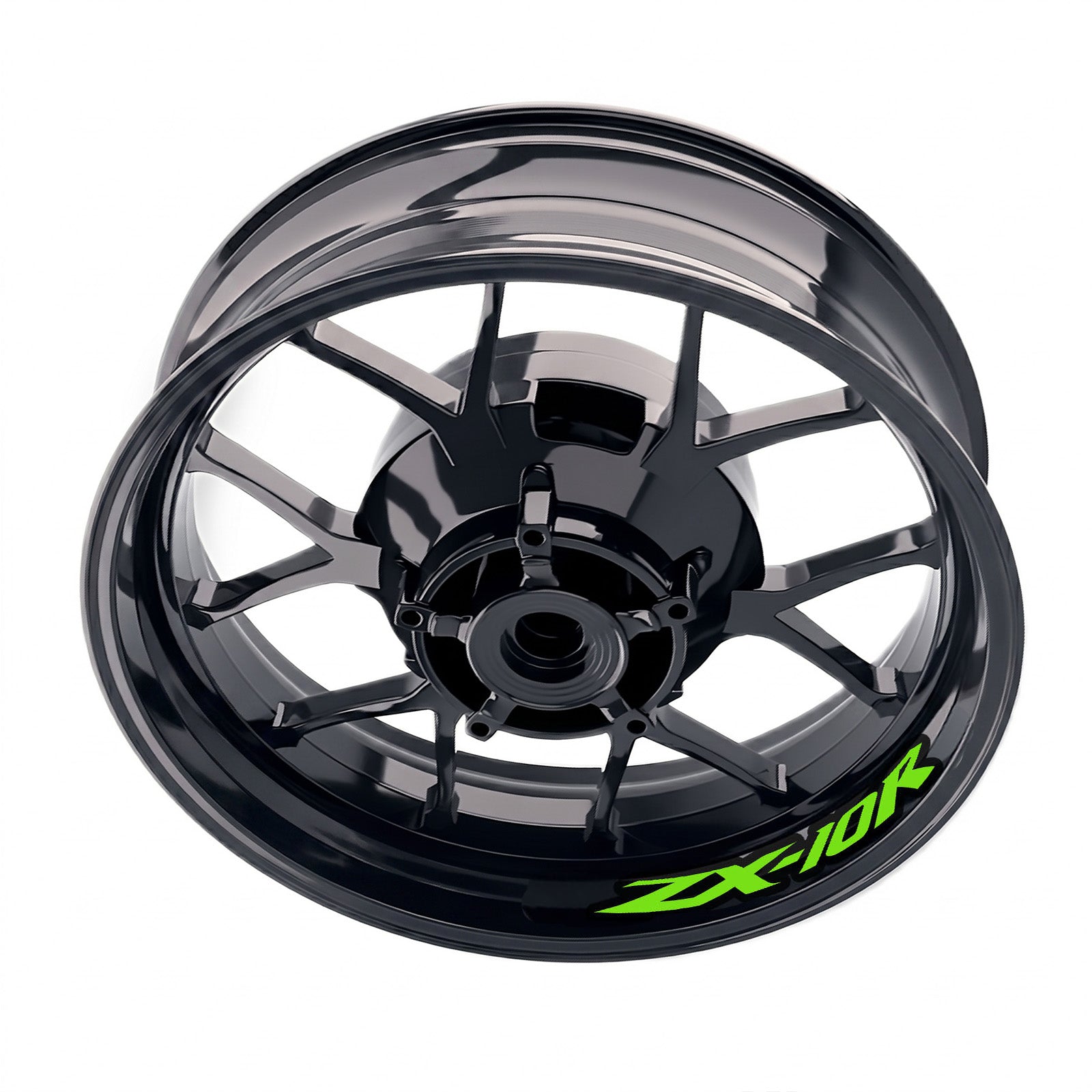 Kawasaki ZX10R Ninja ZX1000 inner rim sticker set with green and black wheel decals on motorcycle rims by StickerBao