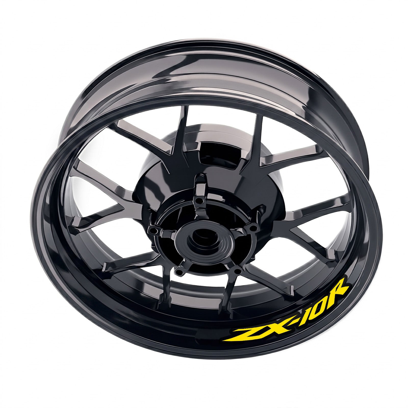 Kawasaki ZX10R Ninja wheel stickers and rim decals, blue and yellow inner rim decal set for motorcycle wheel customization.