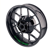 Kawasaki ZX10RR Ninja wheel rim sticker set by StickerBao, featuring bike-specific decal designs on black alloy wheels.
