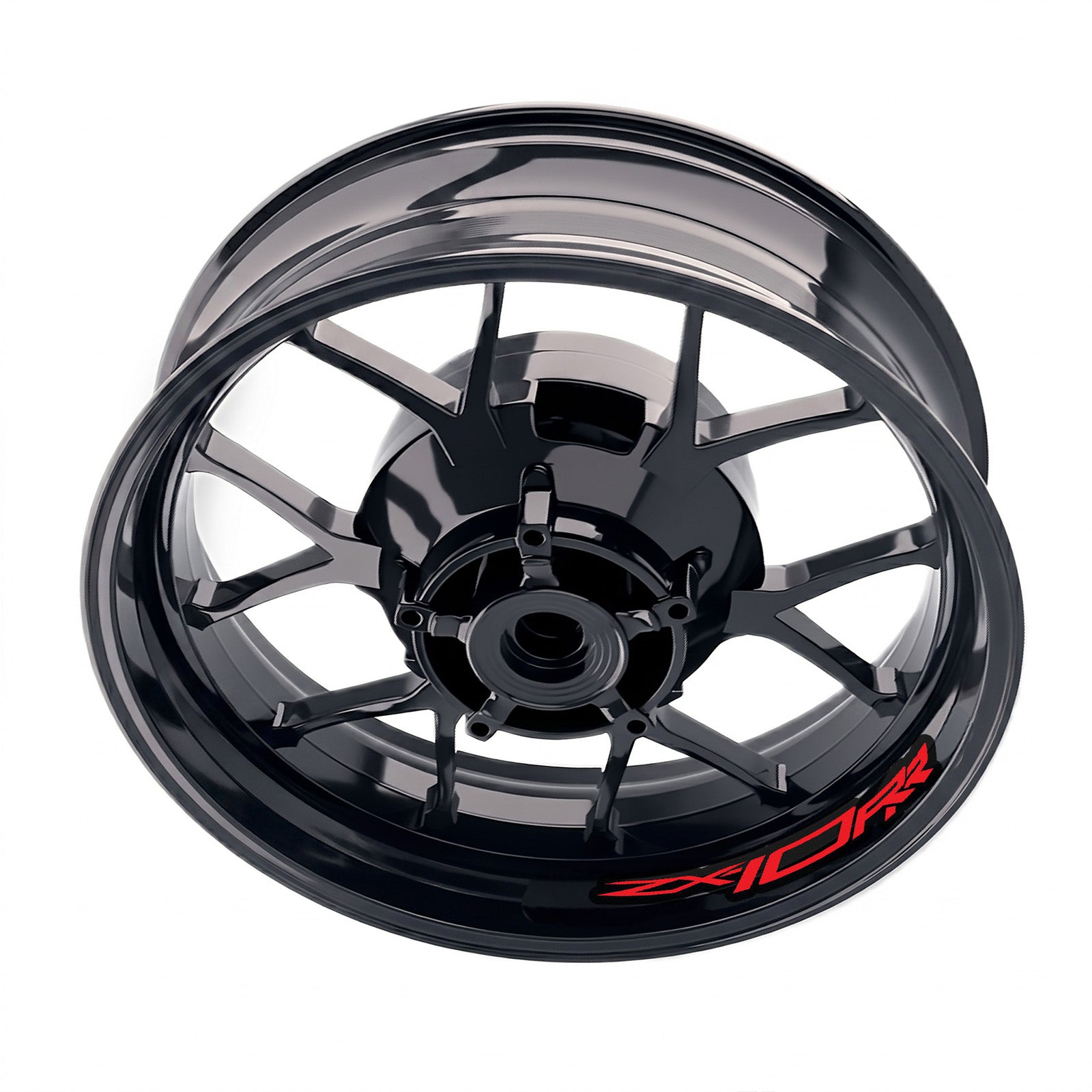 Kawasaki ZX10RR Ninja wheel rim sticker set by StickerBao, featuring vibrant red decals on motorcycle inner rims.