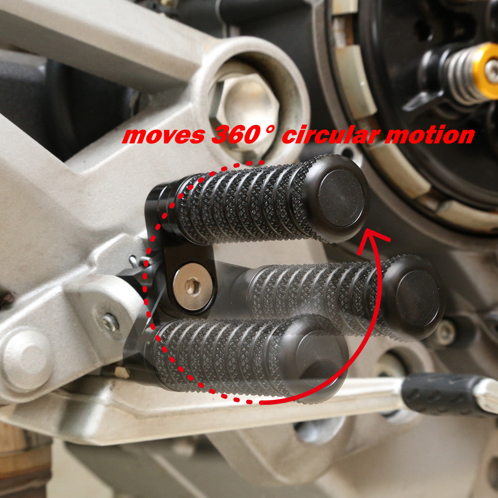 Black 25mm extension foot pegs for Kawasaki Concours 14 GTR1400 2007-2020, made by MC Motoparts, shown in detail.