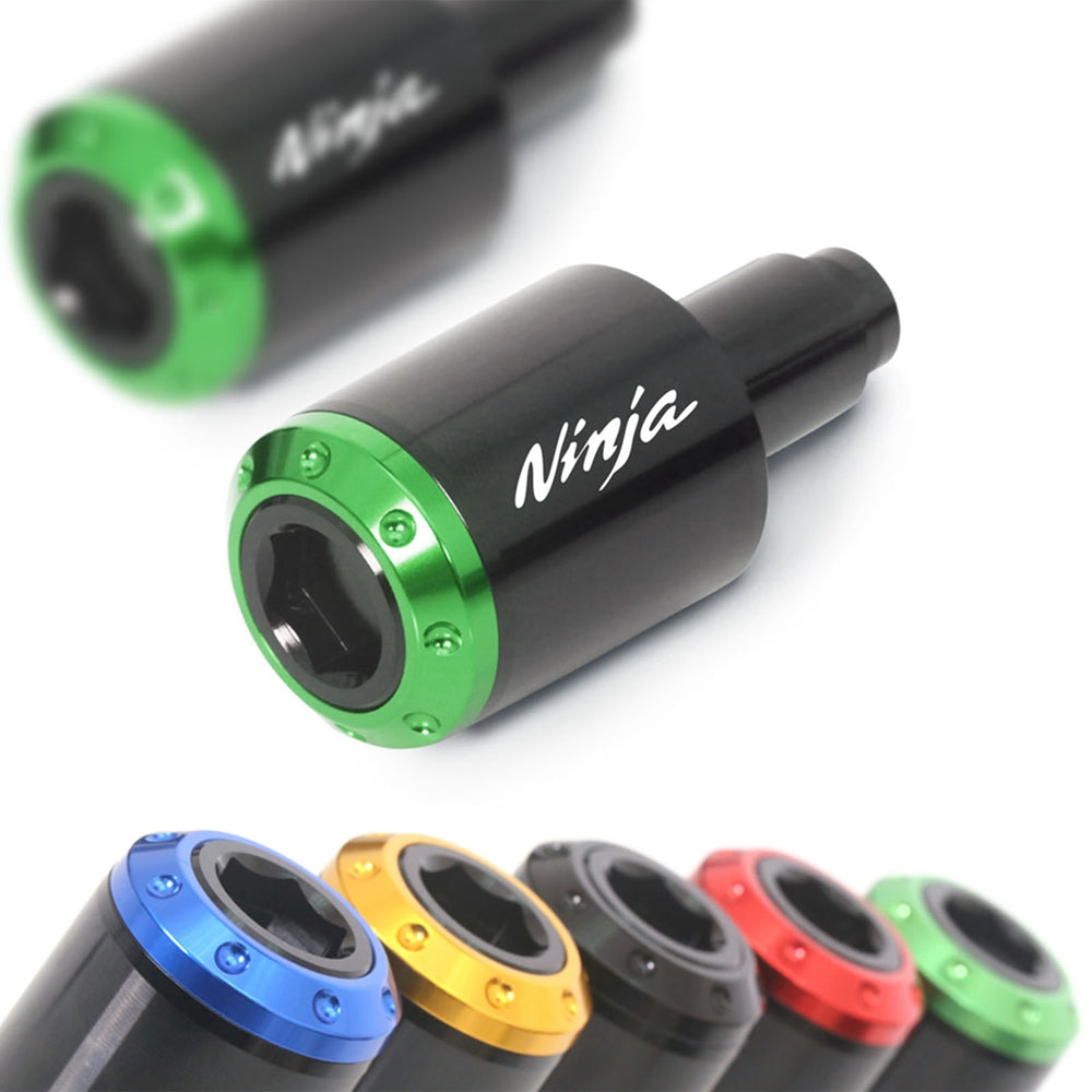 MC Motoparts engraved logo Kawasaki ZX-6R ZX-10R Ninja bar ends with black finish and metal construction for motorcycle handlebars.