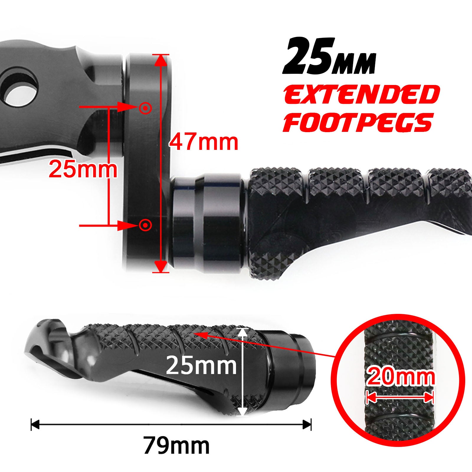 Fit Kawasaki Z1000 Z125 Z750 Z900 RFIGHT 25mm Extension Front Black Foot Pegs - MC Motoparts