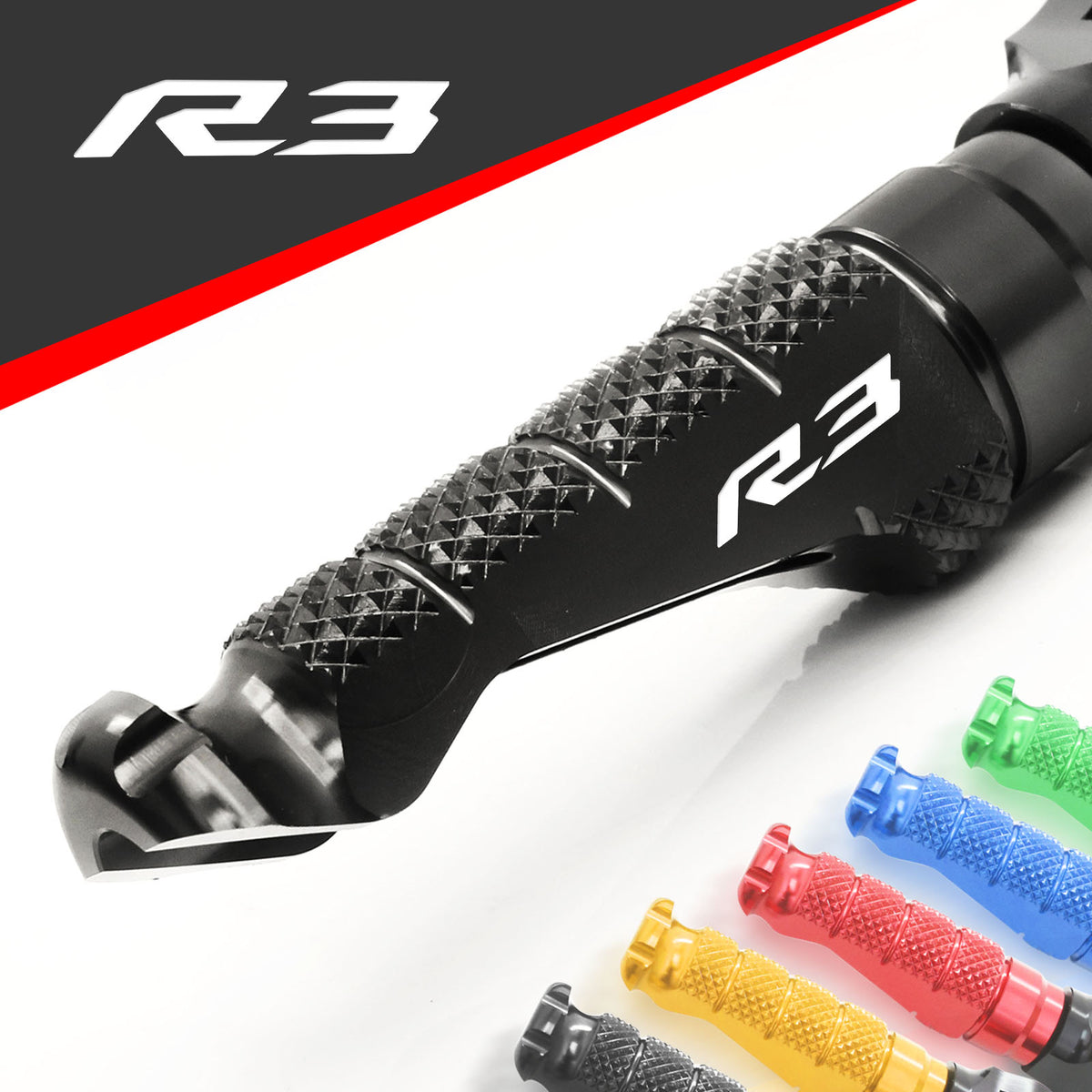 Black MC Motoparts R-FIGHT front foot pegs for Yamaha YZF R3 2015-2025, engraved logo, durable motorcycle foot pegs.