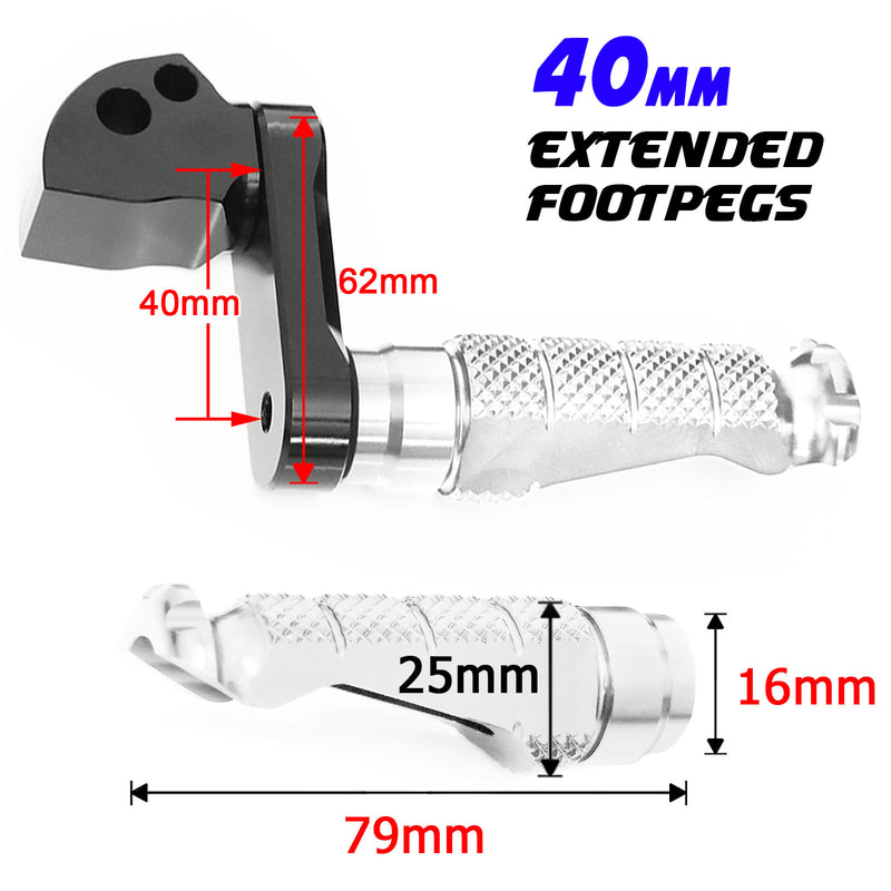 Fits Kawasaki ZX-6R ZX-7R Ninja 300R 40mm Extension Rear R-FIGHT Silver Foot Pegs